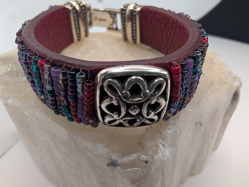 Brighton Beaded Leather Cuff Bracelet Multi-Color Silver Tone 6.5" RARE